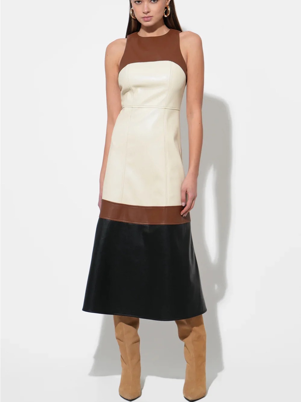 Colorblock Faux-Leather Midi Dress in Cream, Brown & Black